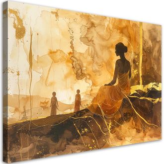 Feeby Cuadro En Lienzo, Silueta Abstracta Dorada De Una Mujer, 120x80