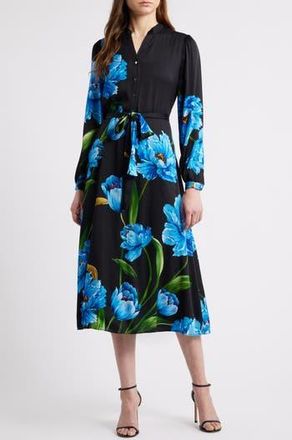 Elie Tahari The Mila Placed Floral Long Sleeve Silk Blend Midi Dress in Wildside Floral at Nordstrom Rack, Size X-Small