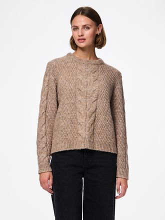 Pieces Strickpullover PIECES PCNINA LS O-NECK KNIT NOOS BC, Damen, Gr. XXL, beige (fossil), Strick, Obermaterial: 82% Polyester, 15% Polyacryl, 3% Elasthan, 