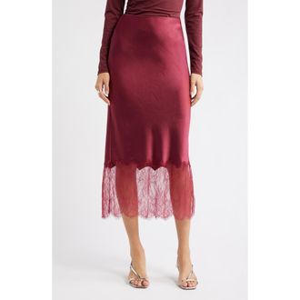 Open Edit Lace Trim Satin Midi Skirt in Burgundy Beet at Nordstrom Rack, Size Small