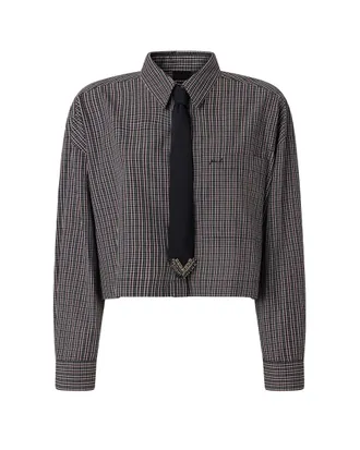 Pinko Cropped Oversized Checkered Shirt With Mother-Of-Pearl Buttons