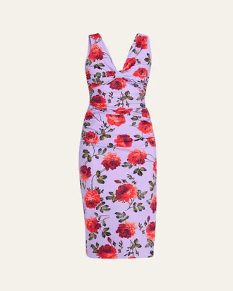 Carolina Herrera Rose-Print Gathered Silk Sleeveless Dress