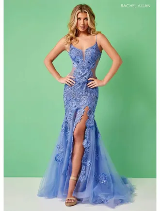 Rachel Allan Lace Tulle High Slit Mermaid Prom Gown In Periwinkle