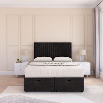 Sloomy Manhattan Plush Fabric Ottoman Bed End Opening With Sprung Memory Mattress & 26 Inch Headboard in Black | Size: Small Single