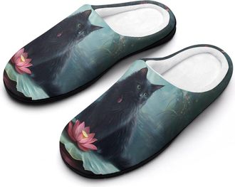 Generic Black Cat Lily Lotuses Flowers Womens Slippers Warm House Slippers Indoor House Shoes with Anti-Skid Rubber Sole