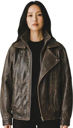 Infinity Leather Womens Brown Cow Leather Big Bomber Biker Blouson Oversized Jacket - Krakow