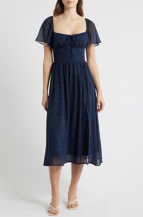 All in Favor Heart Polka Dot Butterfly Sleeve Midi Dress in Navy White at Nordstrom, Size Medium
