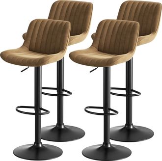 STILVORA Lote De 4 Taburetes De Bar Regulables En Altura Con Respaldo Y Asiento Giratorio, Hierro, Metal, Madera Y Terciopelo, Marr&oacute;n