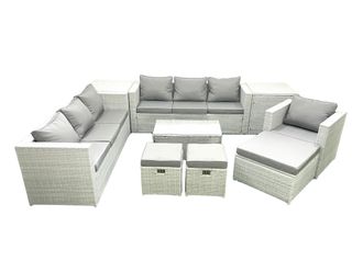 Fimous Wicker PE Rattan Sofa Garden Furniture Set with Armchair Oblong Coffee Table 3 Footstools 2 Side Tables Light Grey Mixed