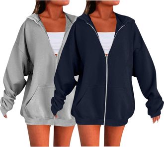 Generic 2 Piece Hoodies For Women Uk Oversized Solid Color Sweatshirts For Women Uk Ladies Zip Up Plain Hoodies Cardigans Tops Long Sleeves Casual Fashion Loo