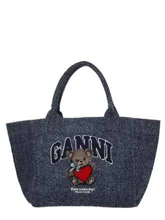 Ganni Womens Medium Handbag Trapeze Bear Denim Organic Cotton Handbags Hand Bags