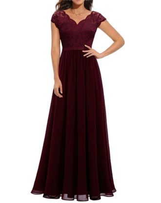 Generic Womens Lace Maxi Dress Elegant V Neck Sleeveless Formal Cocktail Wedding Guest Evening Party Dresses (Red,Medium)