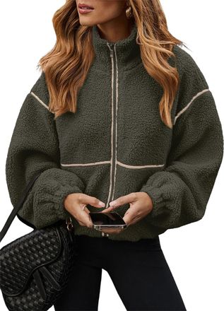 Generic Fleece Jacket Women Sherpa Oversized Zip Up Winter Jackets, Coat Casual Lapel Full Warm Outwear with Pockets (Green,M)
