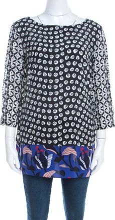 Escada Black Rose Motif Print Silk Contrast Panel Narayanin Tunic Blouse