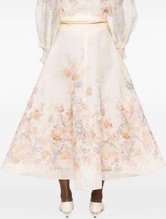 Zimmermann Floral Print Linen-Silk Skirt - Ecru