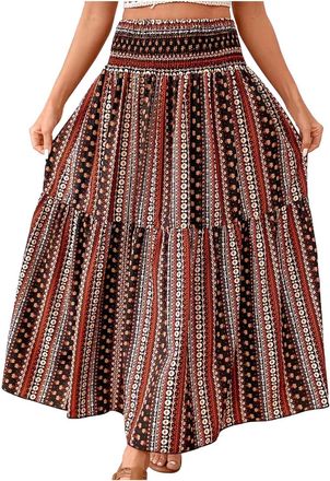Generic Long Skirts for Women Summer Bohemian Lace Up Floral Print Flowy Female Loose Split Boho(Black, L)