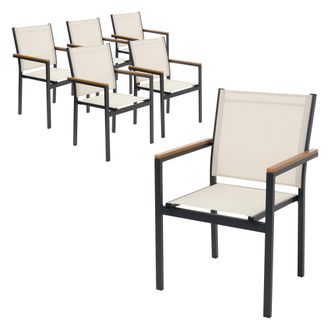ML Design Ml-design Juego 6x Sillas De Jard&iacute;n Beige Asiento De Textilene Para Terraza, Aspecto Madera Y Estructura De Aluminio Con Reposabrazos Y Respaldo Muebl