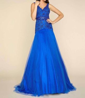 Mac Duggal Deep V-Neck Floor Length Ball Gown In Electric Blue