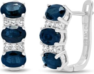 MAX + STONE Sterling Silver Oval Genuine Gemstone and White Topaz J Hoop Earrings