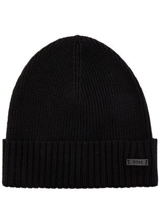 BOSS Boss Fati Ribbed Logo Wool Beanie - Black - One Size