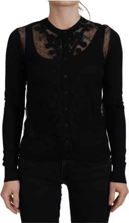 Dolce & Gabbana Elegante Zwarte Bloemen Kant Vest - Dames - Vesten - Zwart - XS - Nylon - Truien & Vesten