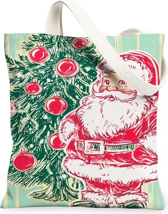 Generic Christmas Santa Canvas Tote Bags, Vintage Tree Design Reusable Grocery Bags, Retro Lightweight Washable Shoulder Strap Canv, Red, 13x15 Inch