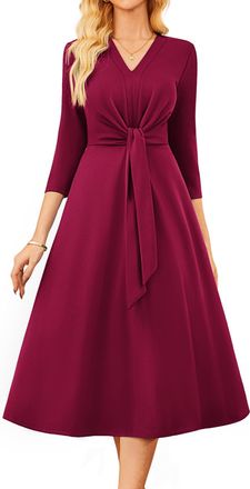 Grace Karin Womens A-Line Office Dress Elegant V-Neck 3/4 Sleeve Midi Dress with Pockets Dark Red 2XL