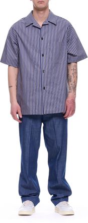 Hev&ograve; Blue Navy Novoli Striped Cotton Overshirt