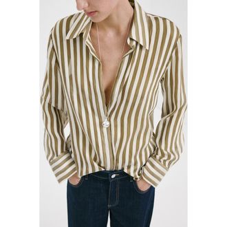 Mango Stripe Woven Shirt in Khaki at Nordstrom, Size 10