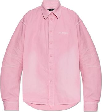Balenciaga Shirt met logo - Dames - Overhemden - Roze - M - Katoen - Overhemden