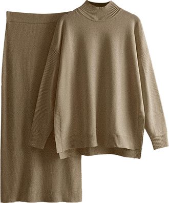 Generic Womens Half Turtleneck Pullover Sweater and Wrap Skirt Two Piece Set Autumn Winter 2025 Solid Color Outfit (Khaki, One Size)