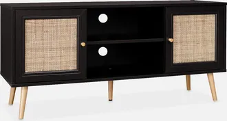 Sweeek Sweeek - Mueble Tv De Ca&ntilde;a Trenzada, 120cm, Boheme, Negro, 120x39x56.5 Cm