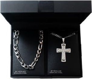 American Exchange Mens Set of 2 Figaro Chain & Pav&eacute; Crystal Cross Pendant Necklaces in Silver/Silver at Nordstrom Rack