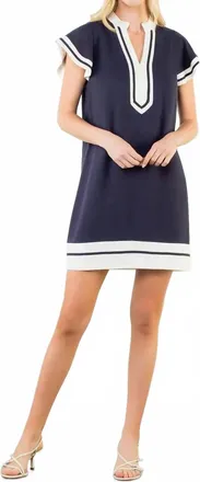 THML Clothing Flutter Sleeve V-Neck Dress In Navy
