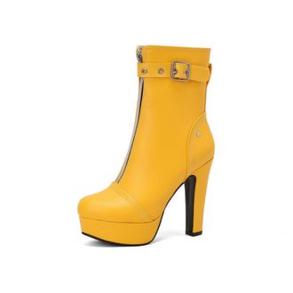 Generic Womens Round Toe Ankle Boots with Buckle Strap & Chunky Platform Heel, Casual Style,Yellow,1.5 UK