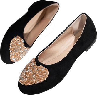 Generic Rhinestone Suede Soft-Soled Fairy-Style Round-Toed Flat Shoes, Rhinestone Womens Sparkly Orthopedic Loafers, Glitter Slip-On Flats with Heart Details 