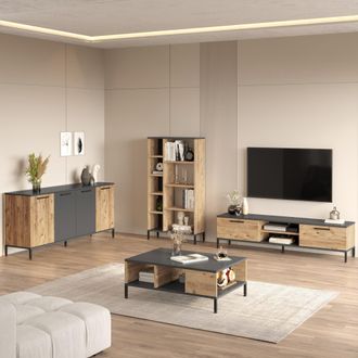 Dmora Conjunto De Muebles De Sala Foza, Modular, 15 Estantes, 6 Puertas, Roble Nudos Marr&oacute;n