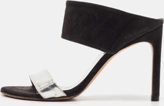 Stuart Weitzman Black/silver Suede And Leather Slide Sandals