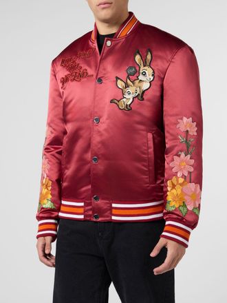 Philipp Plein Satin Varsity Bomber Jacket with Graphic Print and Contrast Logo