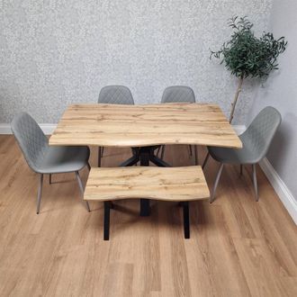 Kosy Koala Dining Table with 4 Grey Gem pattern Faux Leather Chairs & Bench in Brown