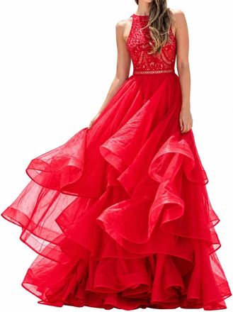 Angela & Alison Sleeveless Lace Dress In Red