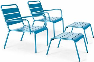 Oviala Lote de 2 sillones reclinables con reposapi&eacute;s de metal azul pac&iacute;fico