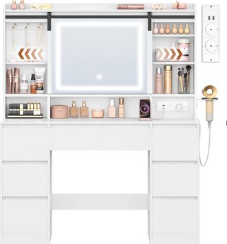 OEM Toeletta Trucco Con Luci Led, 3 Colori Di Luce, Toeletta Da Trucco Con Specchio Scorrevole, Presa Multipla, 7 Cassetti, Scomparti Aperti, Bianco