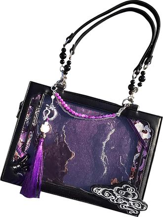 Generic Large Tote Bag - Travel Tote Bag | Design with Transparent Window, Antique Chinese Style and Large Capacity for Professional Use, Purple Black, Consul