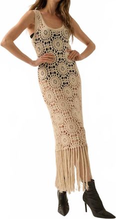 Promesa Crochet Knit Fringe Hem Midi Tank Dress In Natural