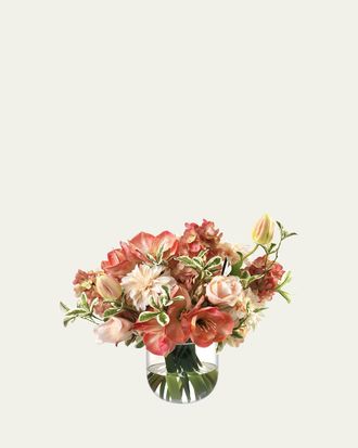 Diane James Home Salmon Amaryllis and Hydrangeas 17 Faux Floral Arrangement in Glass Vase