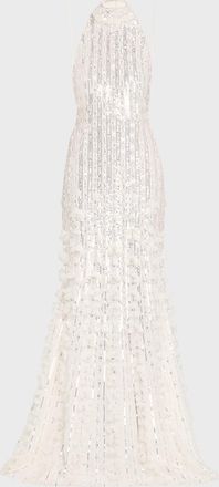 Pamella Roland Sequined Tulle Petal Halter Gown