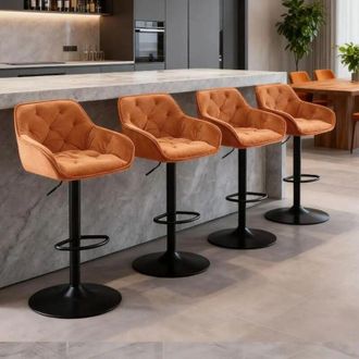 Ainpecca 4pcs Luxury Bar Stools Velvet Dining stools Padded Armrest Swivel Bar Chairs Height adjustable Breakfast Kitchen-Orange