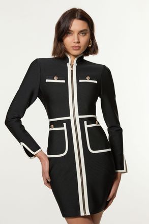 Karen Millen Womens Figure Form Bandage Knit Piping Detail Military Dress - Monochrome Multi - Size X-Small