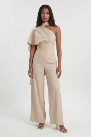 Karen Millen Womens Premium Tailored Linen High Neck One Shoulder Wide Leg Jumpsuit - Champagne Viscose - Size 14 UK